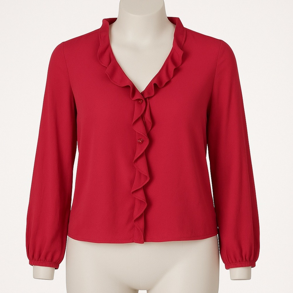 Vintage‎ Y2K Fairy 100% Silk Button Top Size 12 Red Long Sleeve Ruffle Romantic